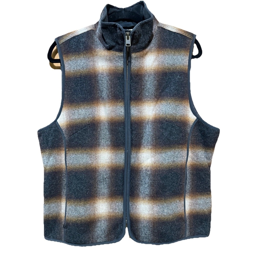 LL Bean Vest Womans Medium‎ Brown Shadow Plaid Wool Sherpa Fleece Lined Workwear
